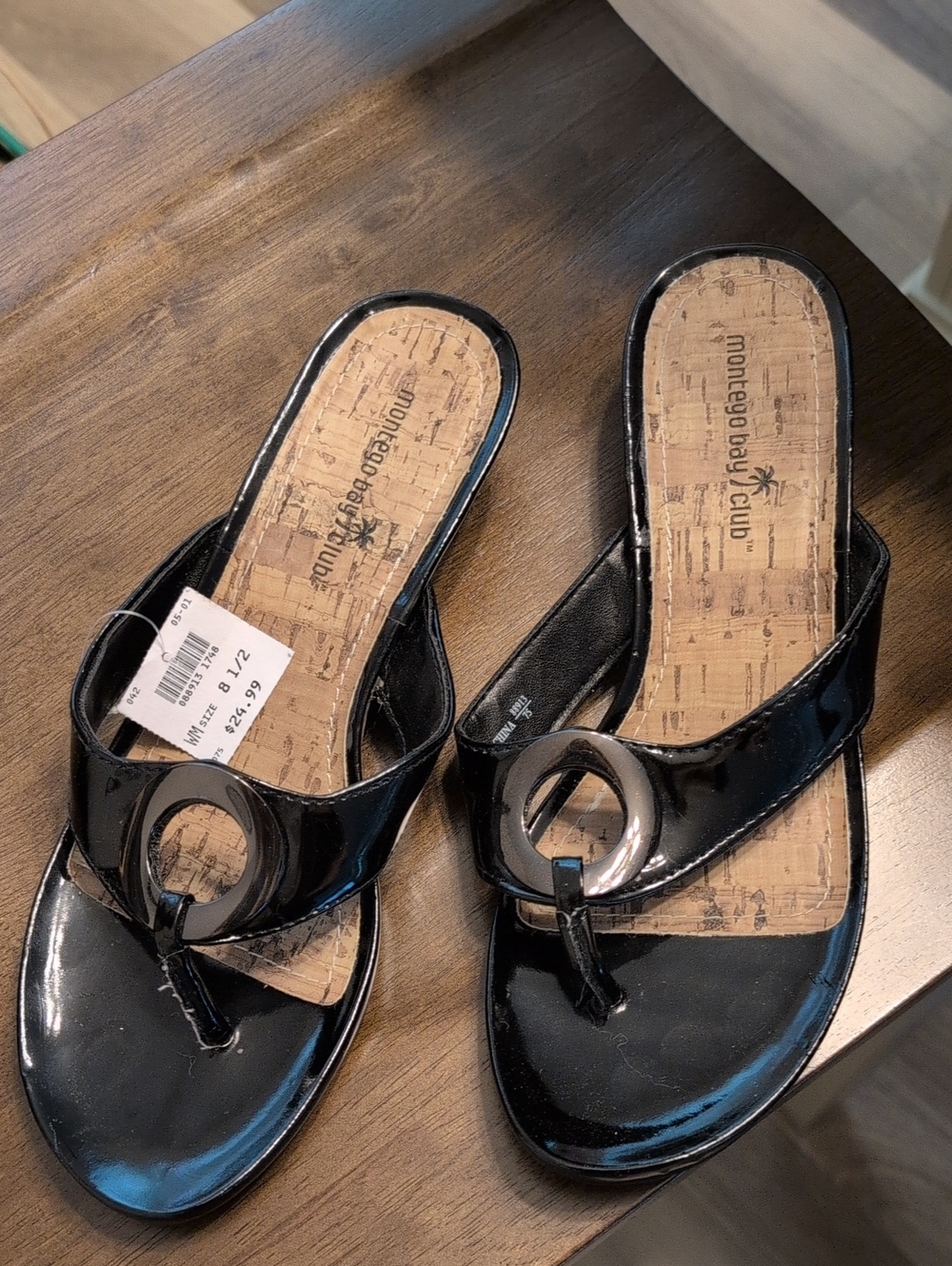 Montego Bay Club Black Patent Ring-Accent Thong Sandals